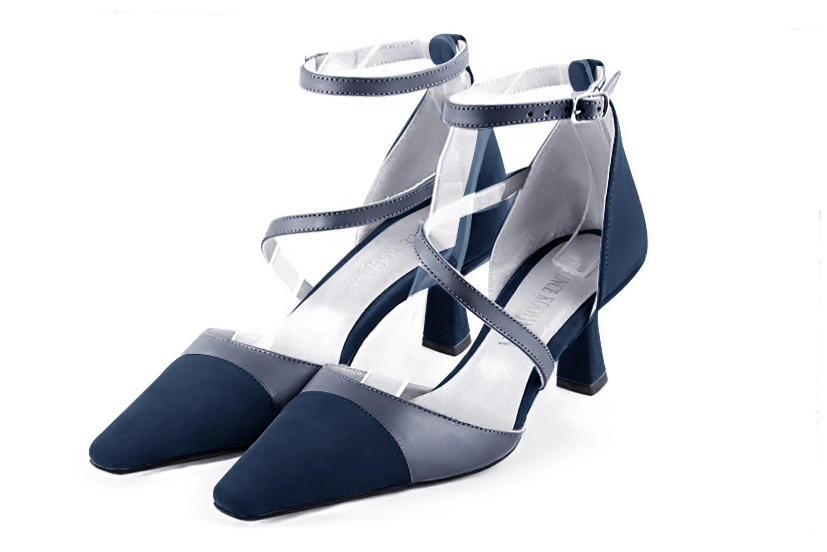 Navy blue open side shoes, with snake-shaped straps. Tapered toe. Medium spool heels. Elegant dress heels for parties and weddings - Florence KOOIJMAN
